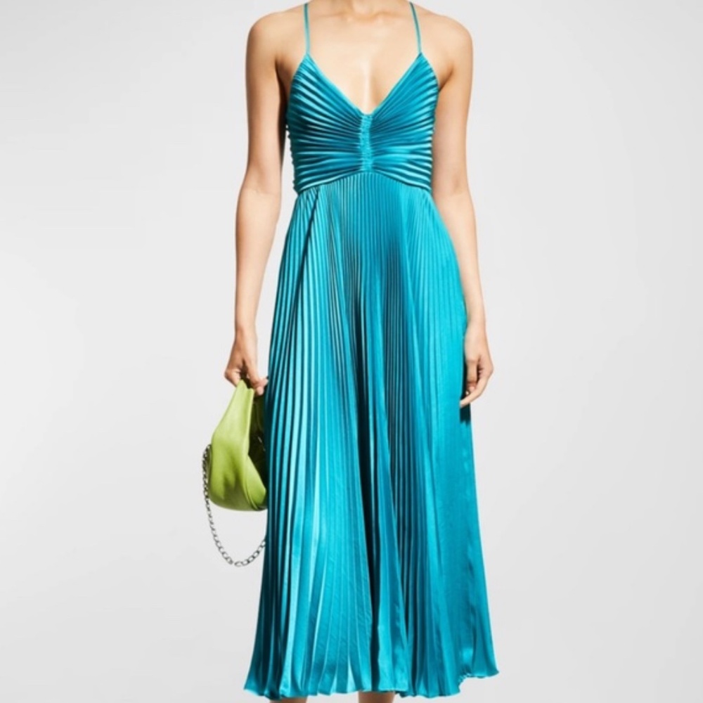 ALC pleated tie back midi dress in teal size 4